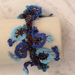 Traditional Turkish Collectable Oya Bracelet Light Blue, Violet & Brown 7"